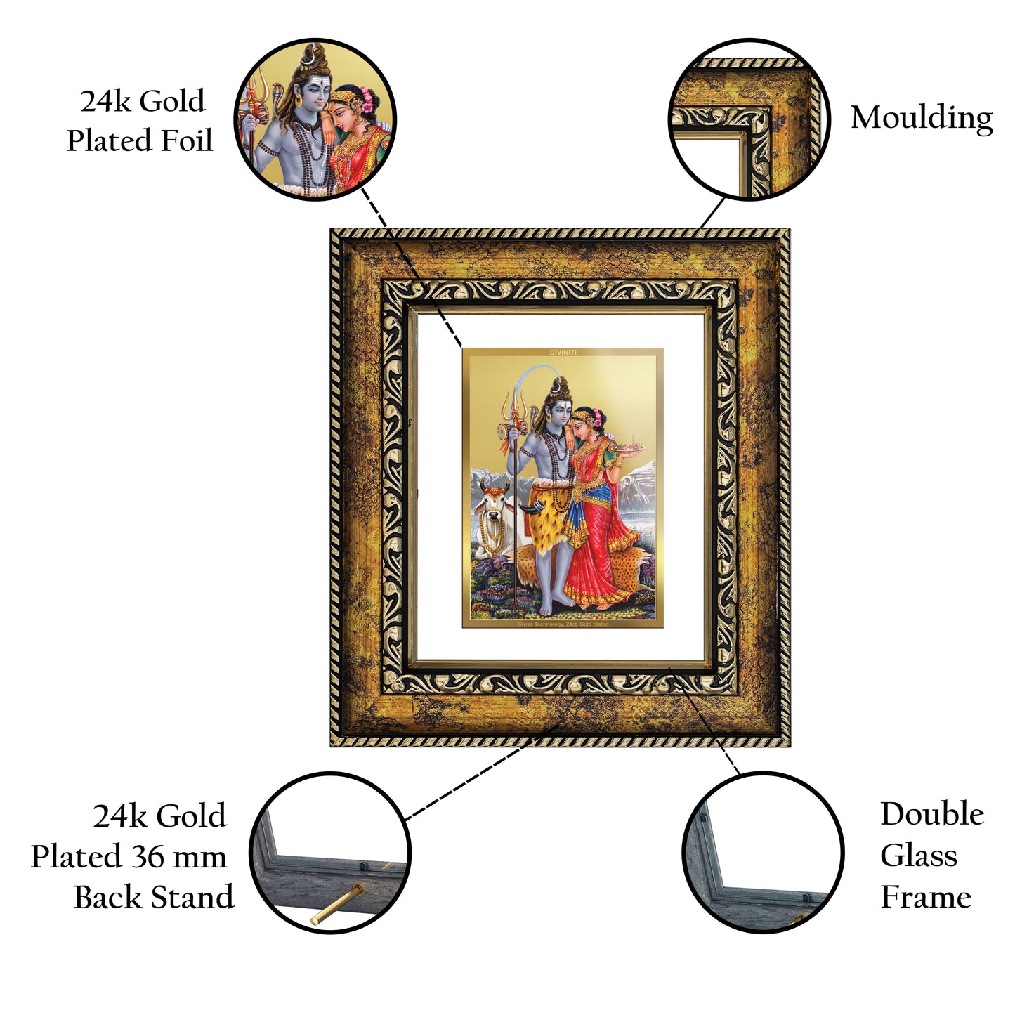 DIVINITI 24K Gold Plated Foil Shiva with Parvati Wall Photo Frame, Table Decor for Home & Office Decor Gift Items DG 113 Size 1 (17.7x15.9 CM)