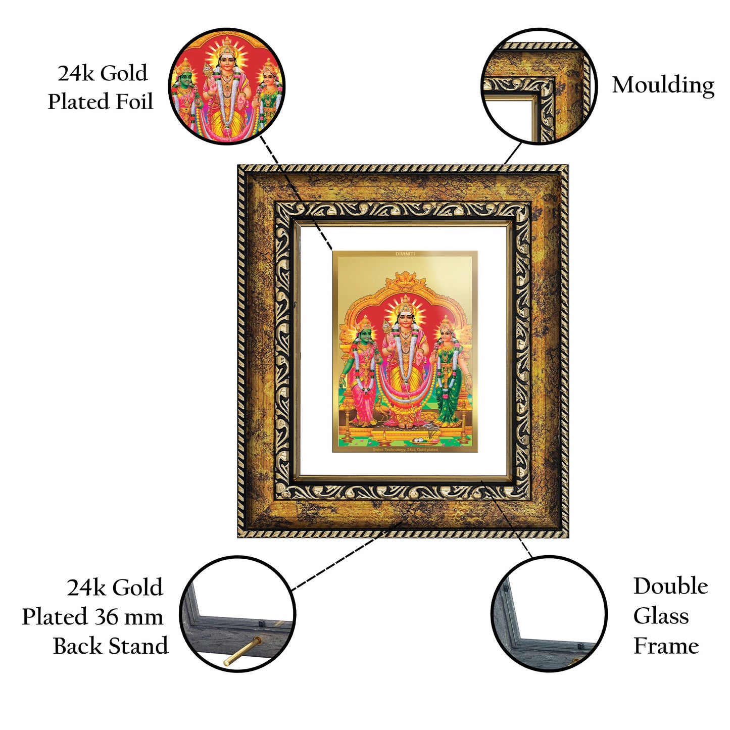 DIVINITI 24K Gold Plated Foil Murugan Valli Wall Photo Frame, Table Decor for Home & Office Decor Gift Items DG 113 Size 1 (17.7x15.9 CM)