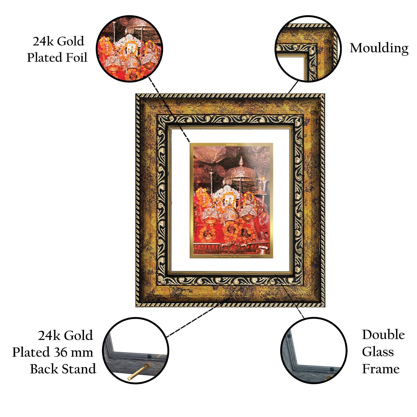 DIVINITI 24K Gold Plated Foil Mata Ka Darbar Wall Photo Frame, Table Decor for Home & Office Decor Gift Items DG 113 Size 1 (17.7x15.9 CM)