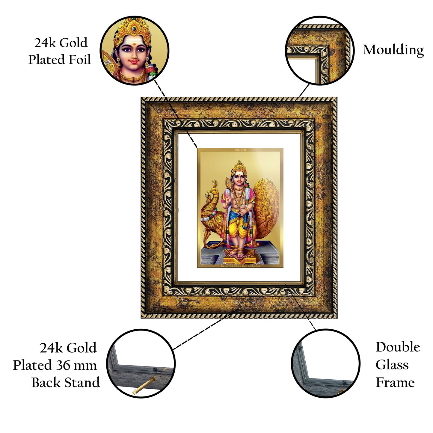 DIVINITI 24K Gold Plated Foil Karthikey Wall Photo Frame, Table Decor for Home & Office Decor Gift Items DG 113 Size 1 (17.7x15.9 CM)