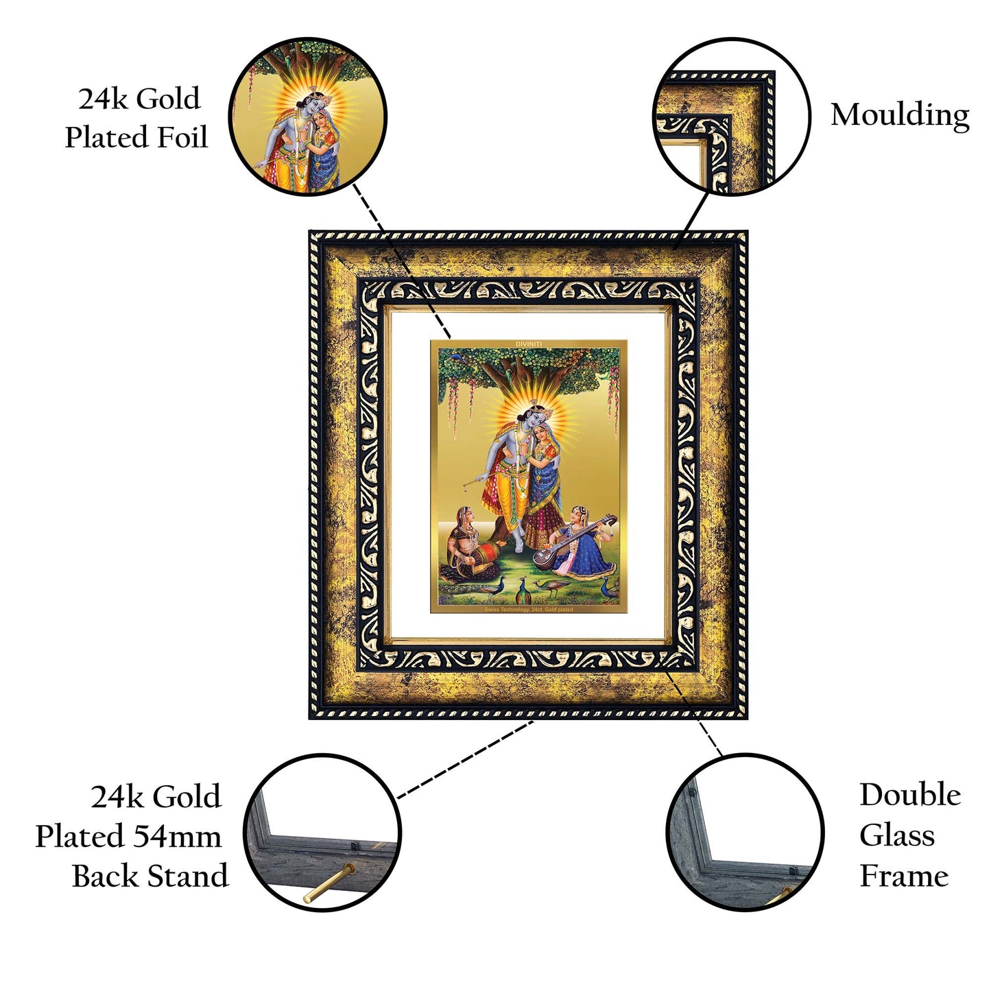 DIVINITI 24K Gold Plated Radha Krishna Modern Photo Frame Idol for Wall Hanging, Workshop, Table Top, Home Decor, Luxury Gift|DG113 Size 2 (22.6x18.4 CM)
