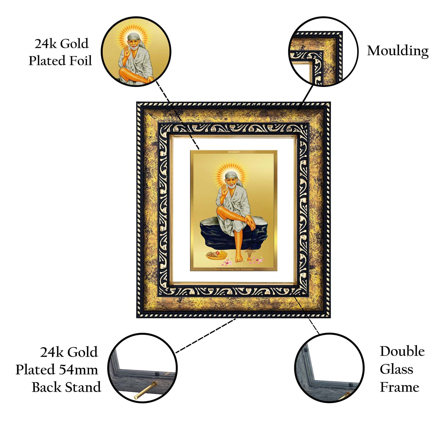 DIVINITI 24K Gold Plated Sai Baba Modern Photo Frame Idol for Wall Hanging, Workshop, Table Top, Home Decor, Luxury Gift|DG113 Size 2 (22.6x18.4 CM)