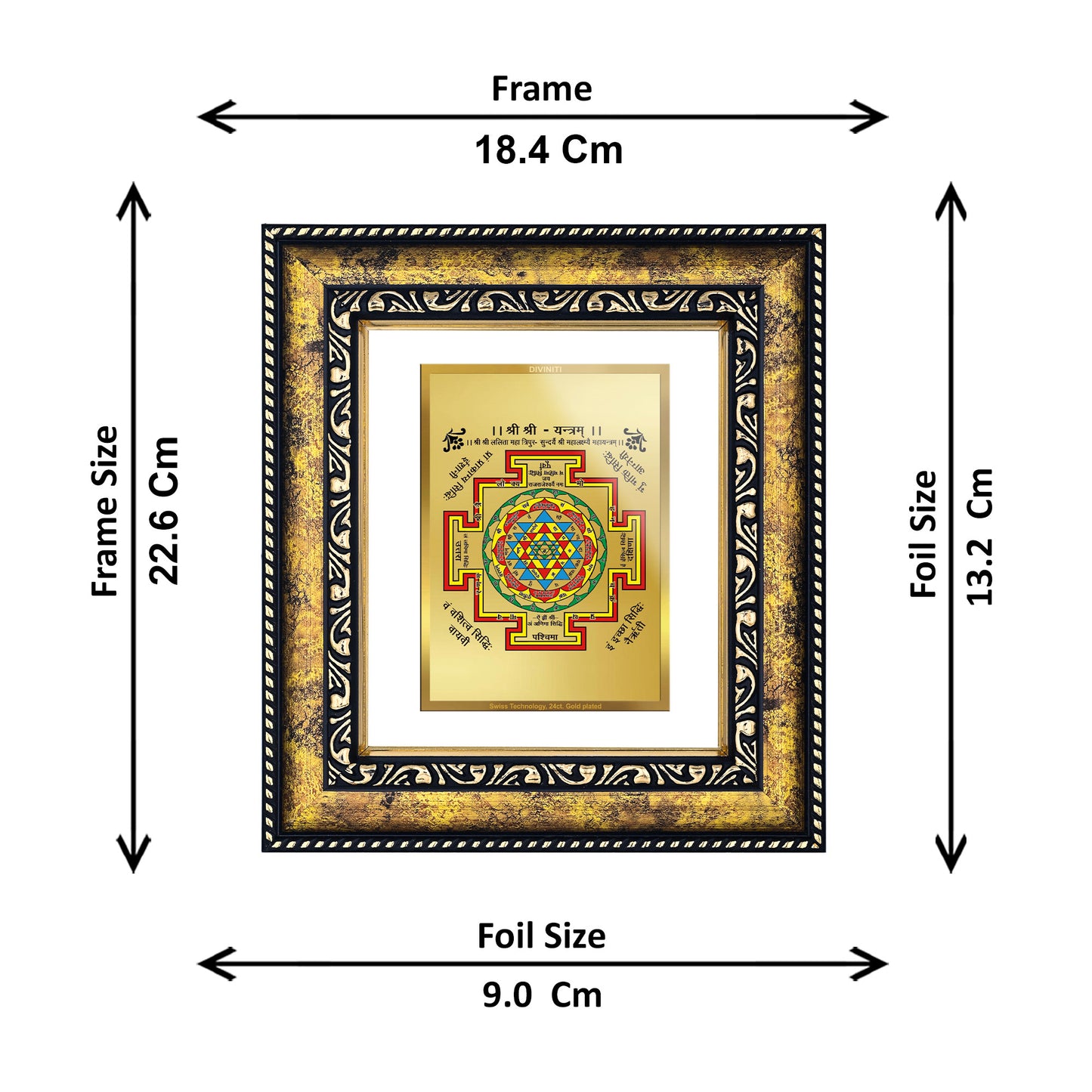DIVINITI 24K Gold Plated Shree Yantra Luxurious Photo Frame Idol for Home Decor, Table Top, Wall Hanging, Workshop, Premium Gift|DG113 Size 2 (22.6x18.4 CM)