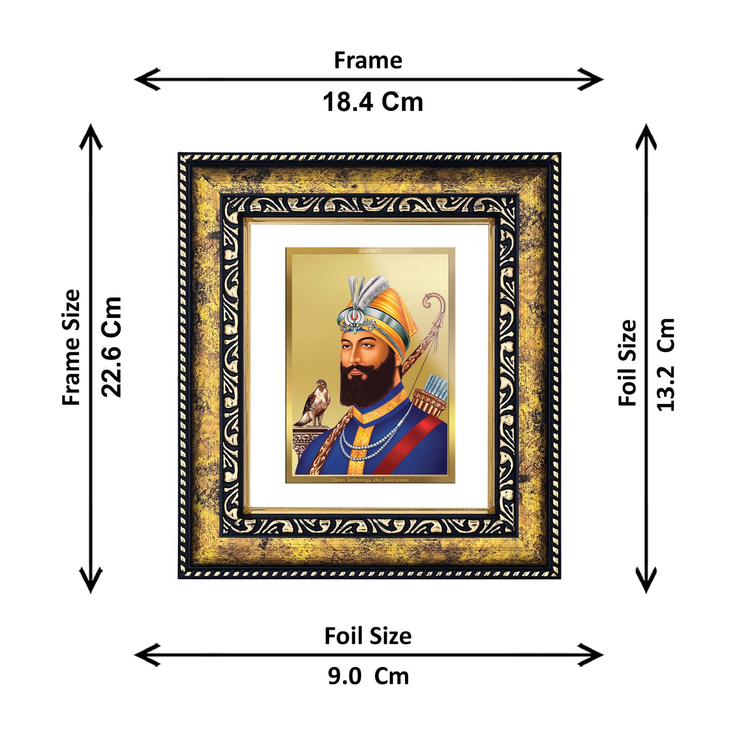 DIVINITI 24K Gold Plated Foil Guru Gobind Singh Ji Photo Frame for Wall Hanging, Workshop, Table Top, Home Decor, Gift|DG113 Size 2 (22.6x18.4 CM)