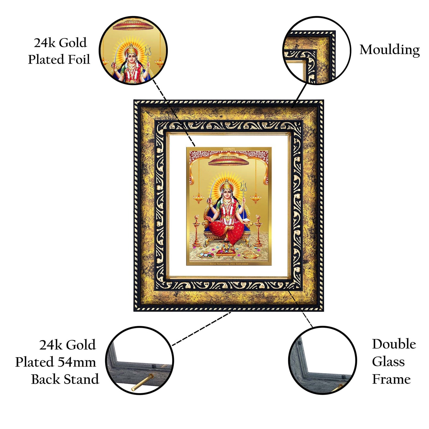 DIVINITI 24K Gold Plated Santoshi Mata Premium Photo Frame Idol for Puja Room, Home Wall Decor, Workshop, Table Top, Premium Gift|DG113 Size 2 (22.6x18.4 CM)