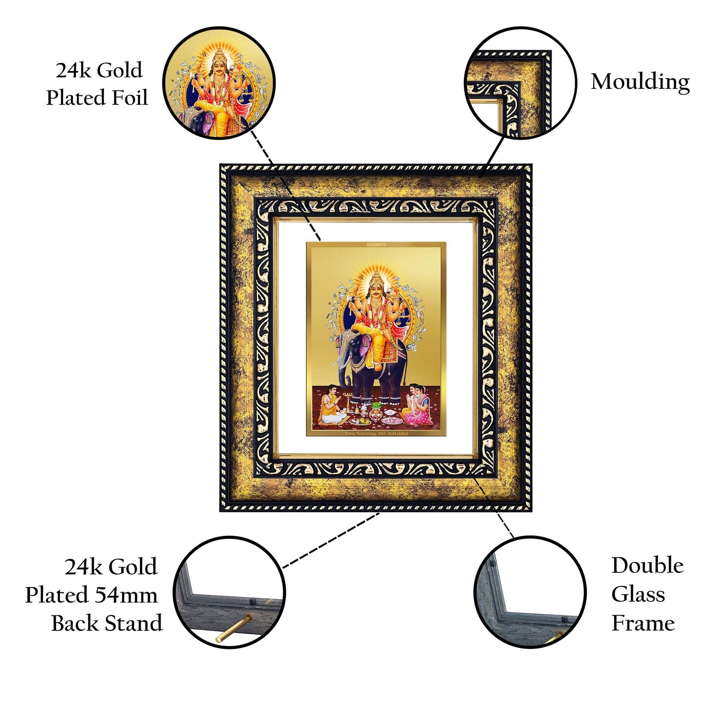 DIVINITI 24K Gold Plated Vishwakarma Luxurious Photo Frame Idol for Home Wall Decor, Workshop, Table Top, Premium Gift|DG113 Size 2 (22.6x18.4 CM)