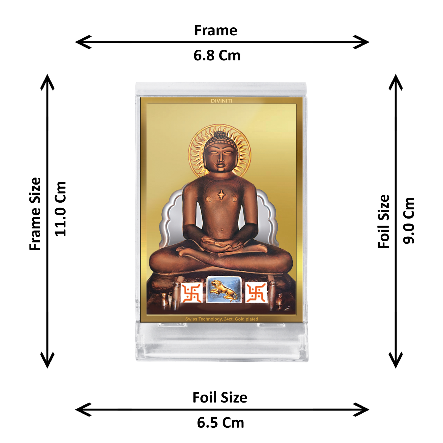 DIVINITI 24K Gold Plated Lord Mahavir Frame For Car Dashboard, Home Decor, Tabletop and Gift (ACF 3)(11 x 6.8 CM)