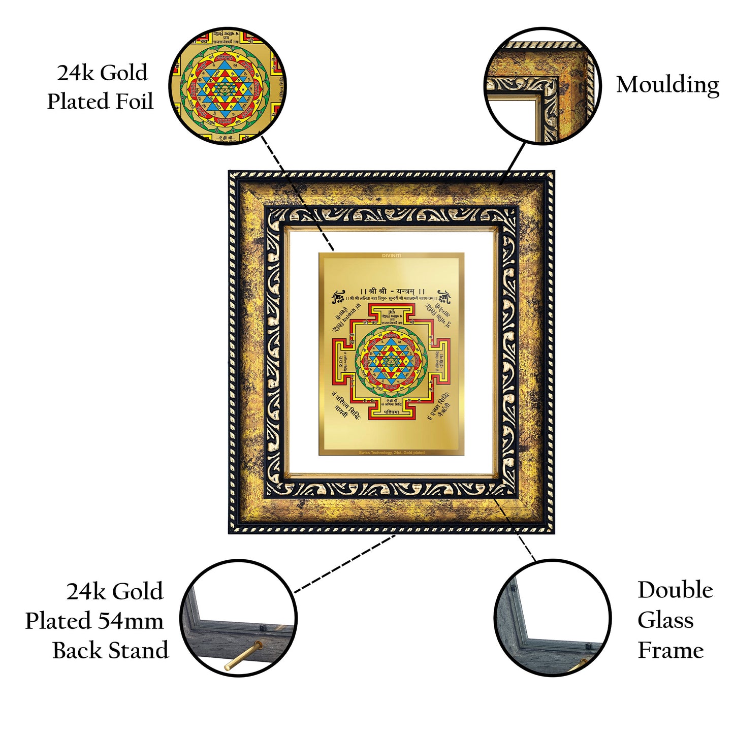 DIVINITI 24K Gold Plated Shree Yantra Luxurious Photo Frame Idol for Home Decor, Table Top, Wall Hanging, Workshop, Premium Gift|DG113 Size 2 (22.6x18.4 CM)