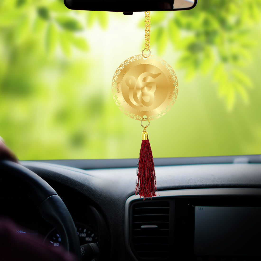 Diviniti 24K Gold Plated Double Sided Khanda Sahib & Ik Onkar Car Dangler|6 CM Khanda Sahib Hanging Car Decor|Luxurious Dangler For Car|Divine Car Accessories For Positive Energy & Protection