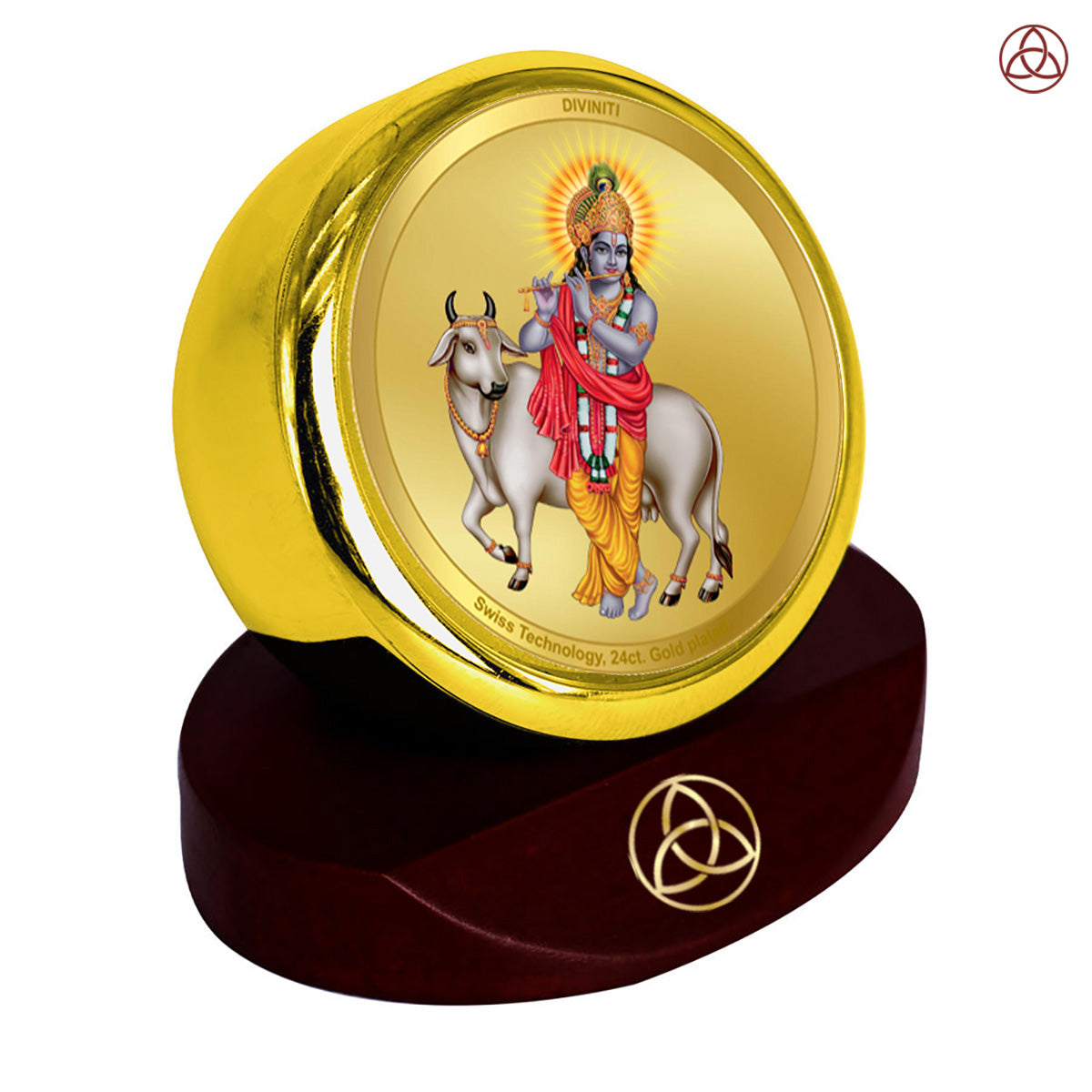 Krishna with Surbhi Cow | Divine Lord Krishna & Surbhi Cow Car Dashboard & Tabletop Photo Frame in 24K Gold Plated Foil