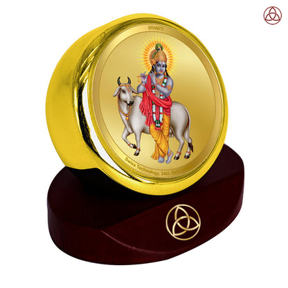 Krishna with Surbhi Cow | Divine Lord Krishna & Surbhi Cow Car Dashboard & Tabletop Photo Frame in 24K Gold Plated Foil