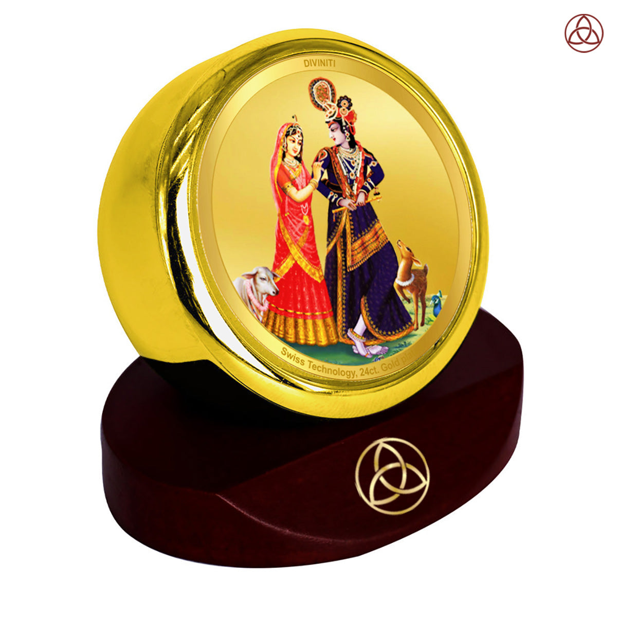 24K Gold-Plated Radha Krishna with Cow Car Dashboard Frame | 5x5 CM
