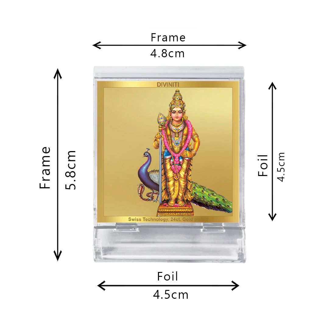 Diviniti 24K Gold Plated Murugan Karthikeya Acrylic Frame for Car Dashboard, Home Decor, Tabletop, Puja Room, Festival Gift ACF3A (5.8x4.8 CM)