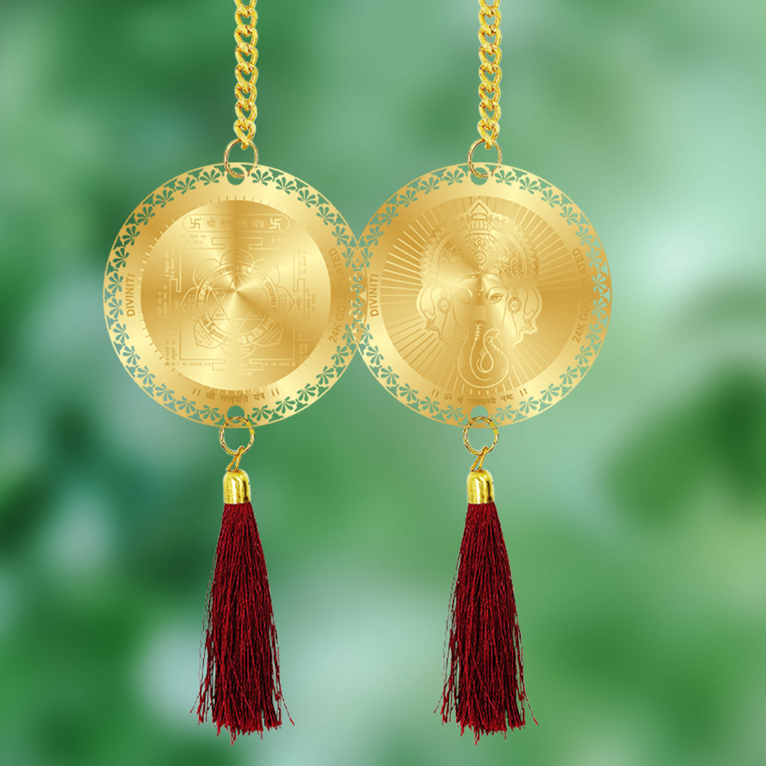 Diviniti 24K Gold Plated Double Sided Ganesha & Yantra Car Dangler|6 CM Ganesha Hanging Car Decor|Luxurious 24K Gold Plated Dangler For Car|Divine Car Accessories For Positive Energy & Protection