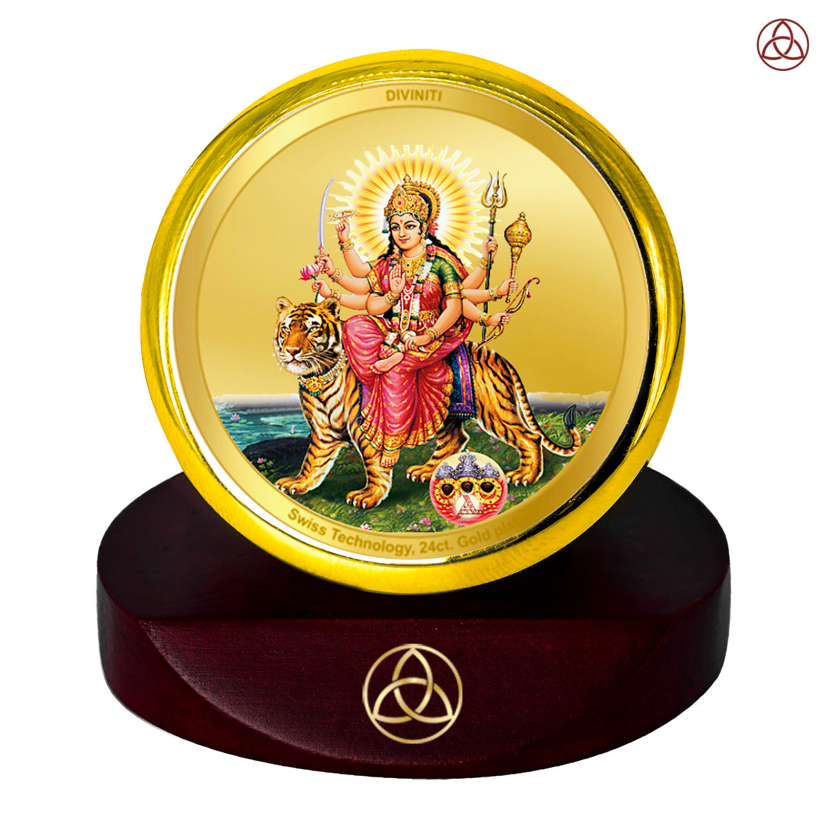 Durga Sherawali Mata with Pind | Divine Goddess Durga Car Dashboard & Tabletop Photo Frame in 24K Gold Plated Foil