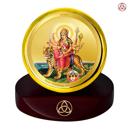 Durga Sherawali Mata with Pind | Divine Goddess Durga Car Dashboard & Tabletop Photo Frame in 24K Gold Plated Foil