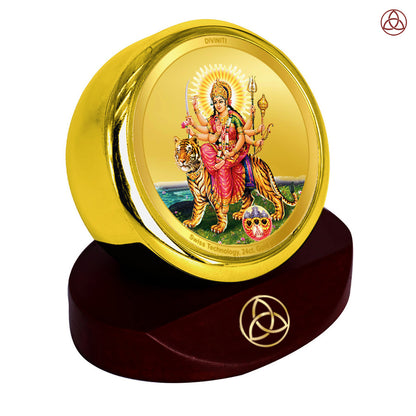 Durga Sherawali Mata with Pind | Divine Goddess Durga Car Dashboard & Tabletop Photo Frame in 24K Gold Plated Foil