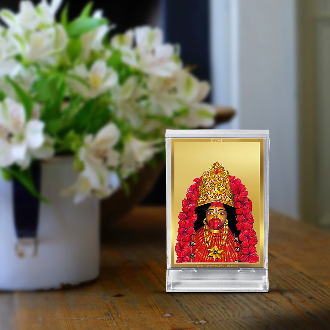 Diviniti 24K Gold Plated Foil Tara Devi Frame For Car Dashboard, Home Decor Showpiece, Puja (11 x 6.8 CM)