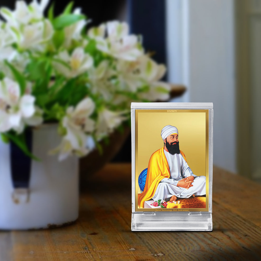 Diviniti 24K Gold Plated Guru Tegh Bahadar Sahib Ji Frame For Car Dashboard, Home Decor, Table Top, Gift (11 x 6.8 CM)