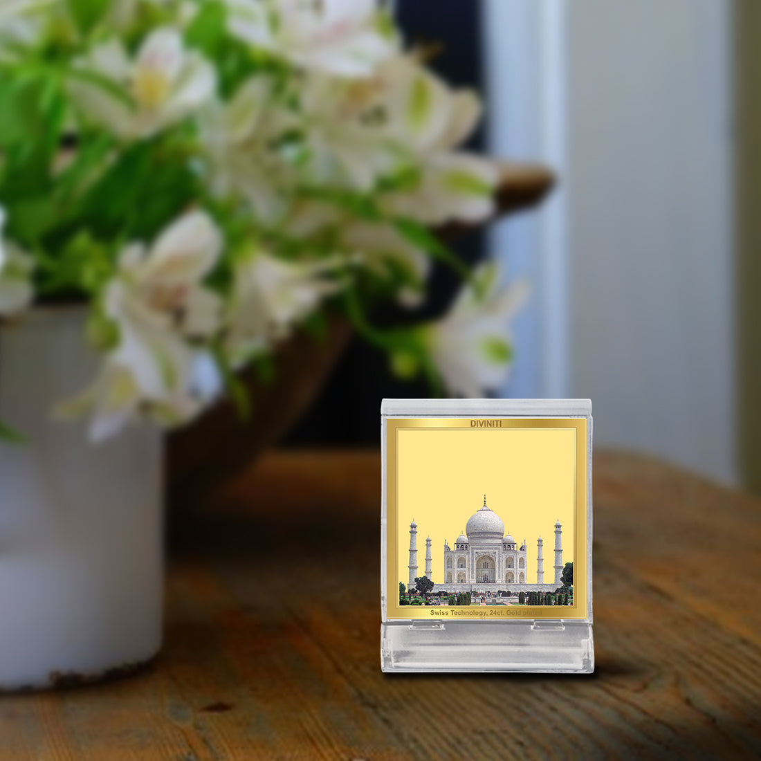 Diviniti 24K Gold Plated Taj Mahal Acrylic Frame for Car Dashboard, Home Decor, Tabletop, Puja Room, Festival Gift ACF3A (5.8x4.8 CM)