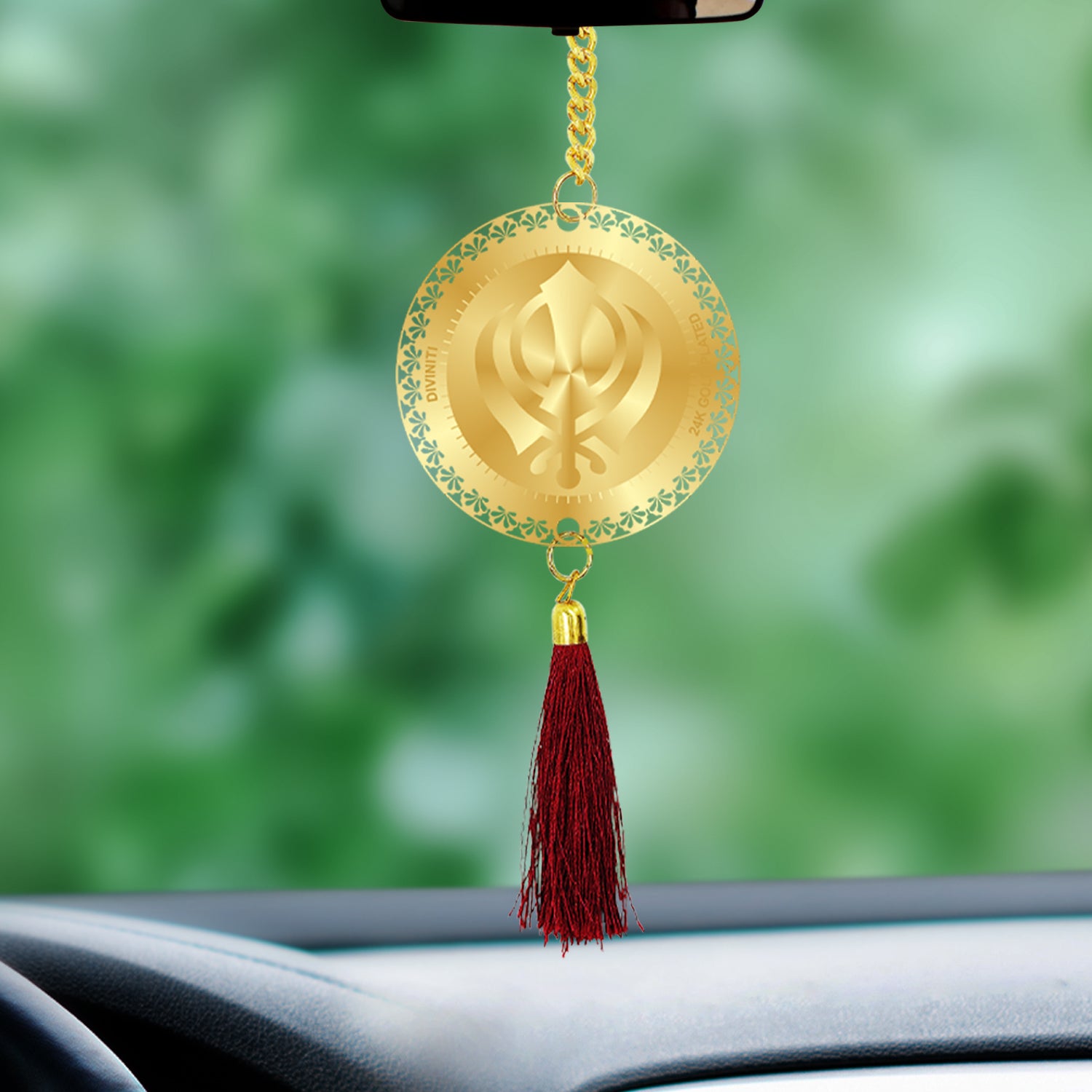 Diviniti 24K Gold Plated Double Sided Khanda Sahib Ek Omkar Car Dangler 6 CM Khanda Sahib Hanging Car Decor Luxurious Dangler For Car Divine Car