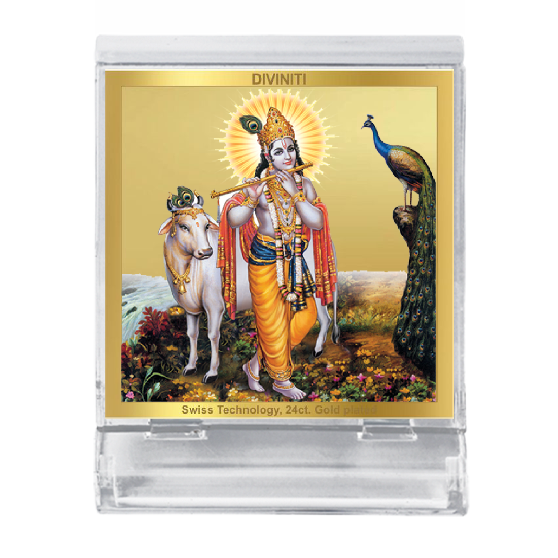 Diviniti 24K Gold Plated Krishna Acrylic Frame for Car Dashboard, Home Decor, Tabletop, Puja Room, Festival Gift ACF3A (5.8x4.8 CM)