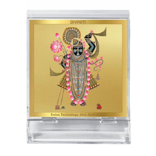 Diviniti 24K Gold Plated Foil Shrinathji Acrylic Frame for Car Dashboard, Home Decor, Tabletop, Puja Room, Festival Gift ACF3A (5.8x4.8 CM)