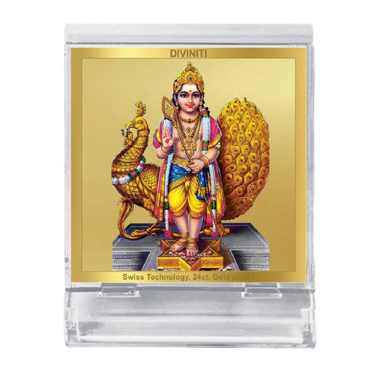 Diviniti 24K Gold Plated Foil Karthikey Acrylic Frame for Car Dashboard, Home Decor, Tabletop, Puja Room, Festival Gift ACF3A (5.8x4.8 CM)