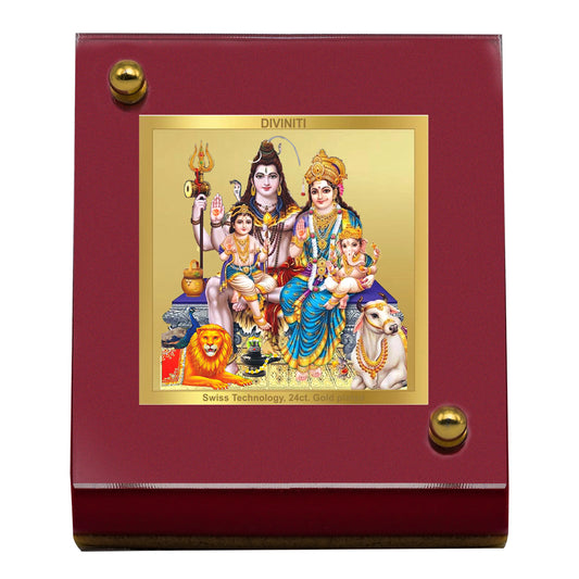 Diviniti 24K Gold Plated Foil Shiv Parivar Frame For Car Dashboard, Home Decor, Tabletop & Worship (6.5 x 5.5 CM)
