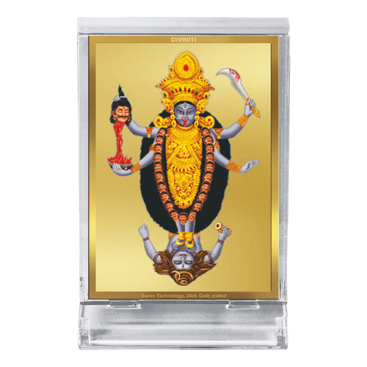 Diviniti 24K Gold Plated Foil Maa Kali Frame For Car Dashboard, Home Decor, Tabletop, Puja and Gift (11 x 6.8 CM)
