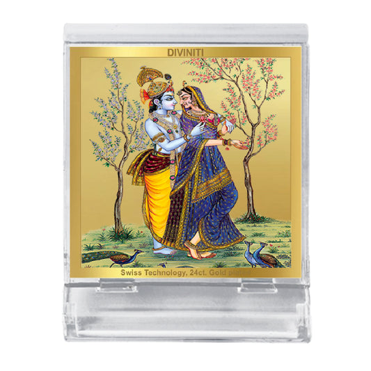 Diviniti 24K Gold Plated Foil Radha Krishna Acrylic Frame for Car Dashboard, Home Decor, Tabletop, Workshop, Festival Gift ACF3A (5.8x4.8 CM)