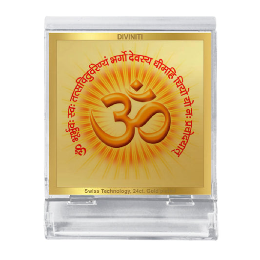 Diviniti 24K Gold Plated Om Gayatri Mantra Frame For Car Dashboard, Home Decor, Tabletop, Prayer and Gift (5.8 x 4.8 CM)