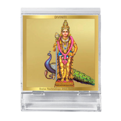 Diviniti 24K Gold Plated Murugan Karthikeya Acrylic Frame for Car Dashboard, Home Decor, Tabletop, Puja Room, Festival Gift ACF3A (5.8x4.8 CM)