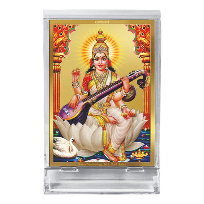 Diviniti 24K Gold Plated Goddess Saraswati Mata Frame For Car Dashboard, Home Decor Showpiece, Puja Room (11 x 6.8 CM)