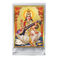 Load image into Gallery viewer, Diviniti 24K Gold Plated Saraswati Mata Frame For Car Dashboard, Home Decor Showpiece, Puja Room (11 x 6.8 CM)
