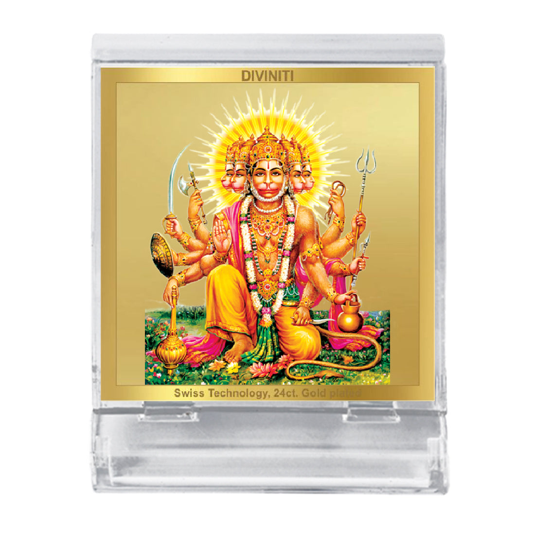 Diviniti 24K Gold Plated Foil Panchmukhi Hanuman Acrylic Frame for Car Dashboard, Puja Room, Home Decor, Tabletop, Festival Gift ACF3A (5.8x4.8 CM)
