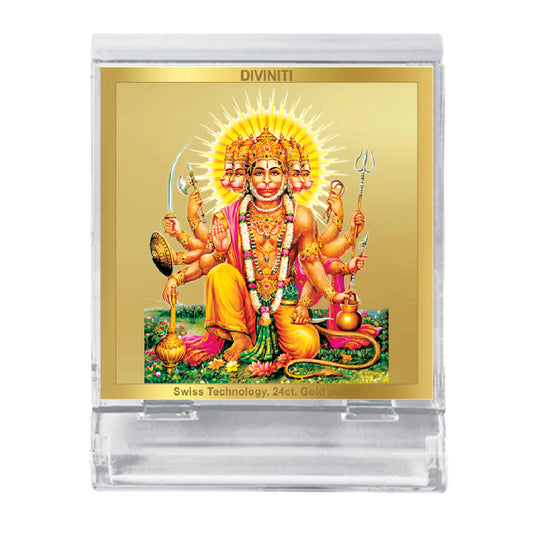 Diviniti 24K Gold Plated Foil Panchmukhi Hanuman Acrylic Frame for Car Dashboard, Puja Room, Home Decor, Tabletop, Festival Gift ACF3A (5.8x4.8 CM)