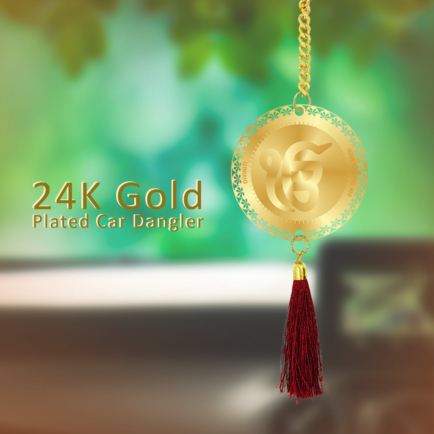 Diviniti 24K Gold Plated Double Sided Khanda Sahib & Ik Onkar Car Dangler|6 CM Khanda Sahib Hanging Car Decor|Luxurious Dangler For Car|Divine Car Accessories For Positive Energy & Protection