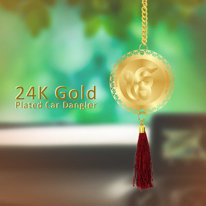 Diviniti 24K Gold Plated Double Sided Khanda Sahib & Ik Onkar Car Dangler|6 CM Khanda Sahib Hanging Car Decor|Luxurious Dangler For Car|Divine Car Accessories For Positive Energy & Protection