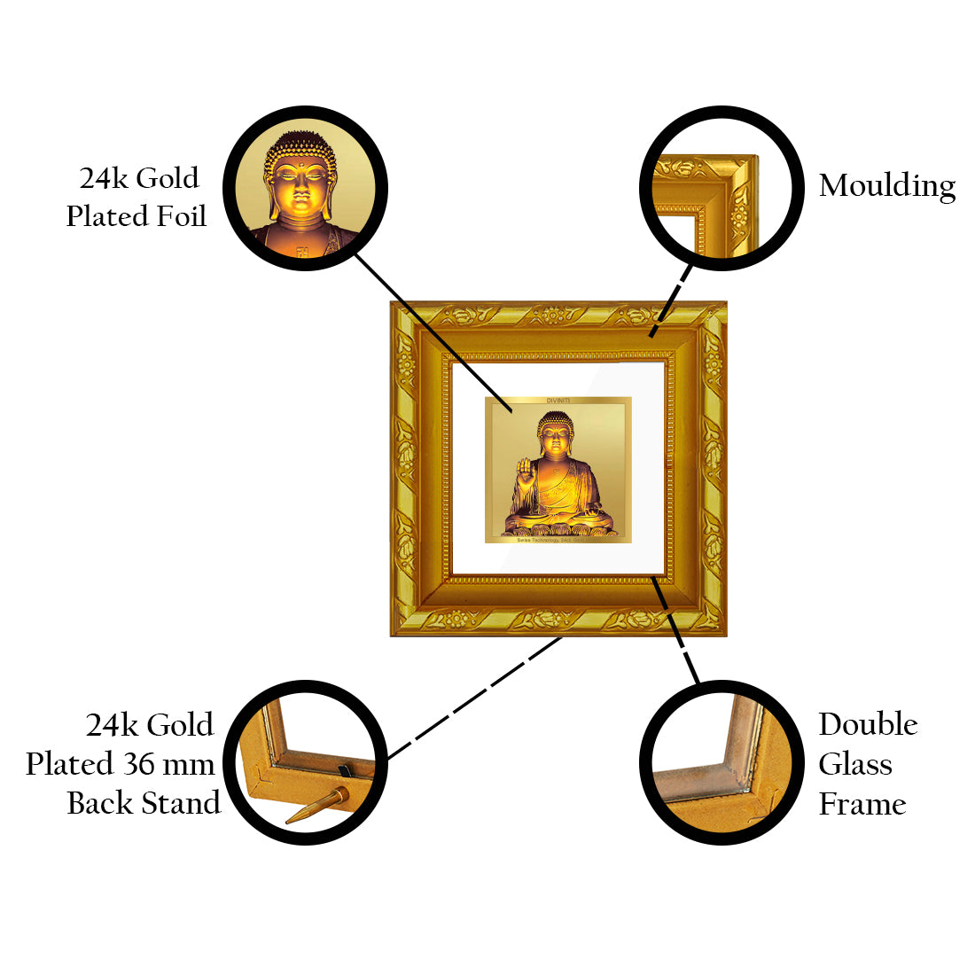 DIVINITI 24K Gold Plated Foil Lord Buddha Wall Photo Frame for Meritnation, Puja Room, Home Decor, Table Top, Gifts|DG103S1A (10x10 CM)