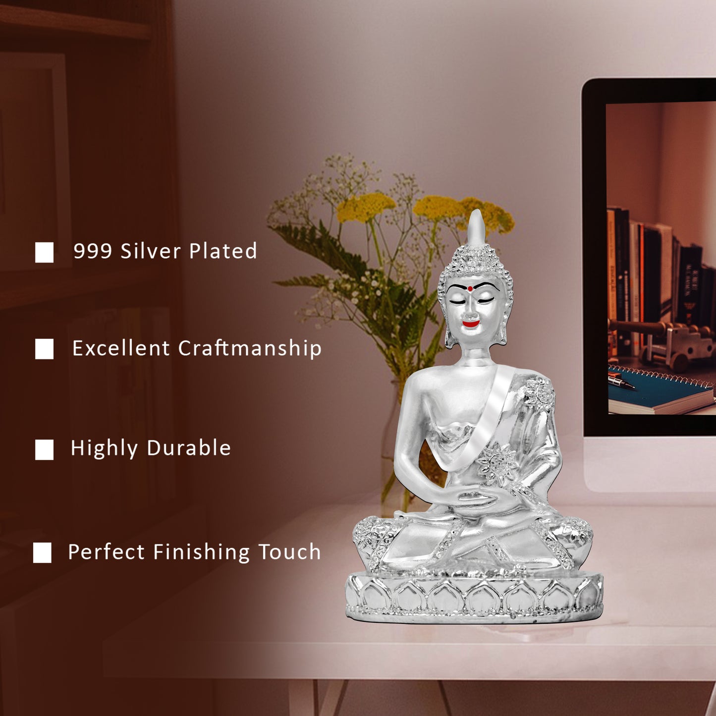 DIVINITI 999 Silver Plated Lord Buddha Statue Idol For Office Desk, Workship, Puja Room, Home Decor Showpiece, Luxury Gift (11x6.5 CM)