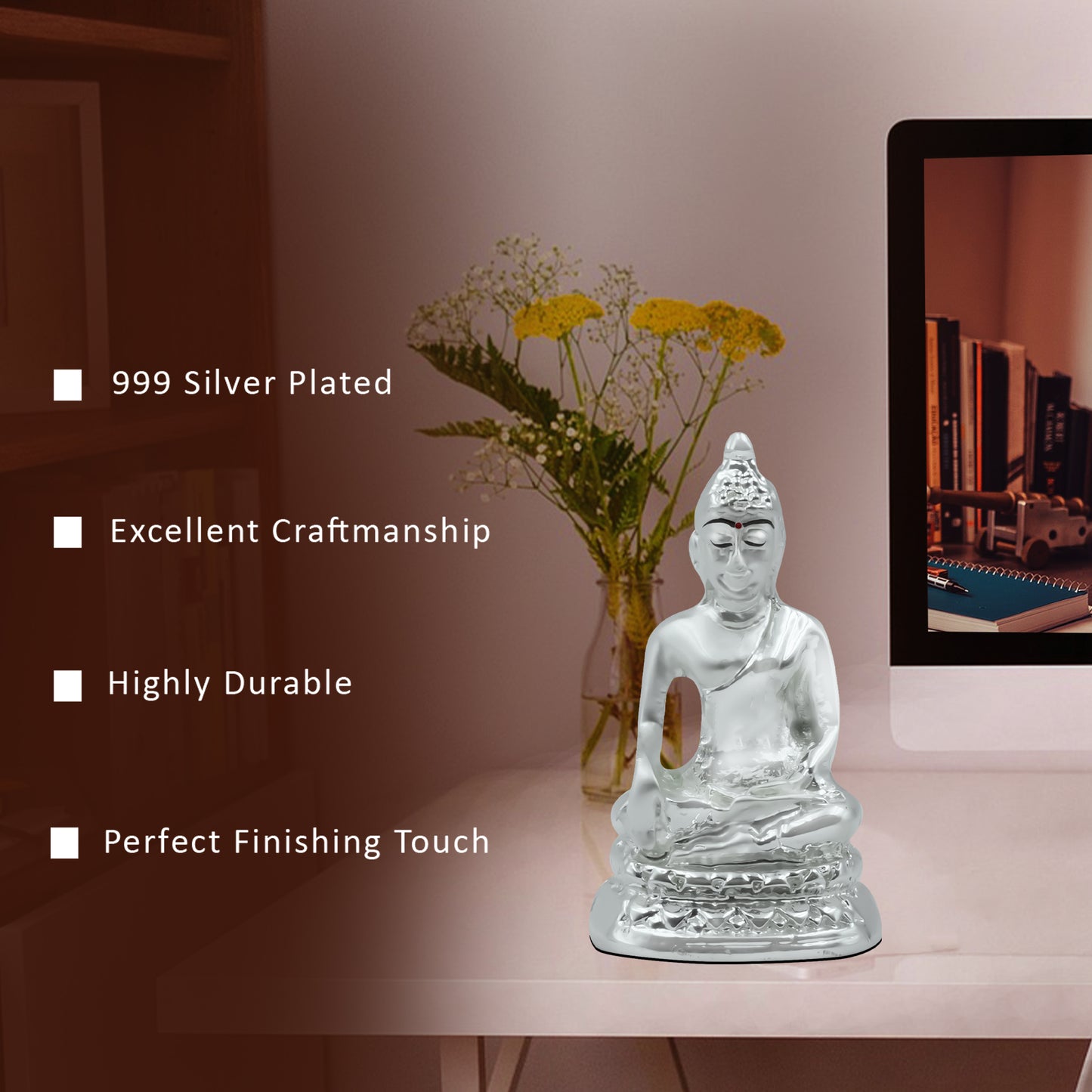 Diviniti 999 Silver Plated Lord Buddha Statue Idol For Office Desk, Workshop, Table Top and Home Decor Showpiece, Luxury Gift (5.5x3 CM)