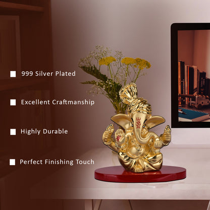 DIVINITI 24K Gold Plated Pagdi Lord Ganesha Elegant Statue Idol For Home Decor, Car Dashboard, Tabletop, Easy To Carry, Luxury Gift (7x7 CM)