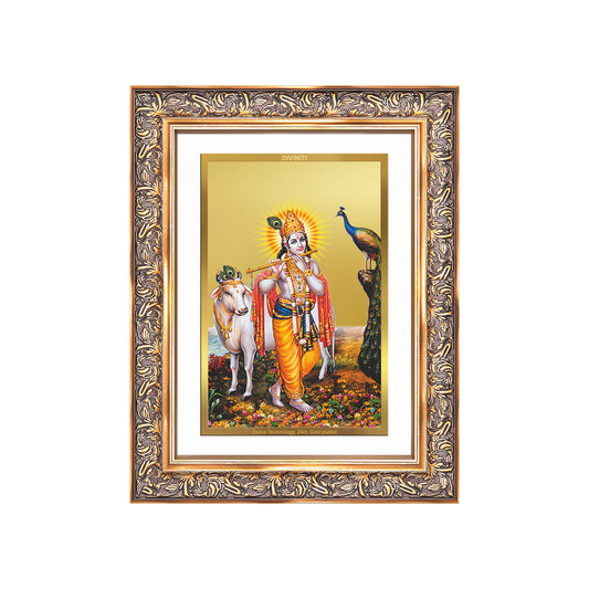 Lord Krishna with Surbhi Cow | Divine Wall Mount Photo Frame in 24K Gold Plated Foil