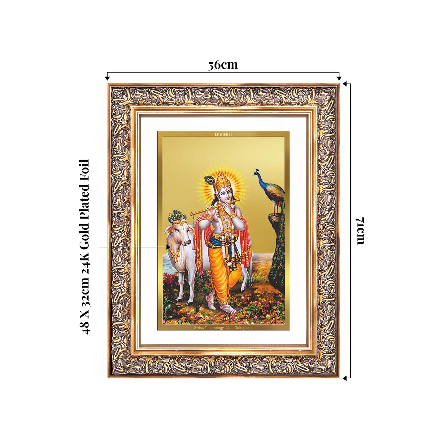 Lord Krishna with Surbhi Cow | Divine Wall Mount Photo Frame in 24K Gold Plated Foil