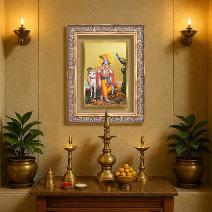 Lord Krishna with Surbhi Cow | Divine Wall Mount Photo Frame in 24K Gold Plated Foil