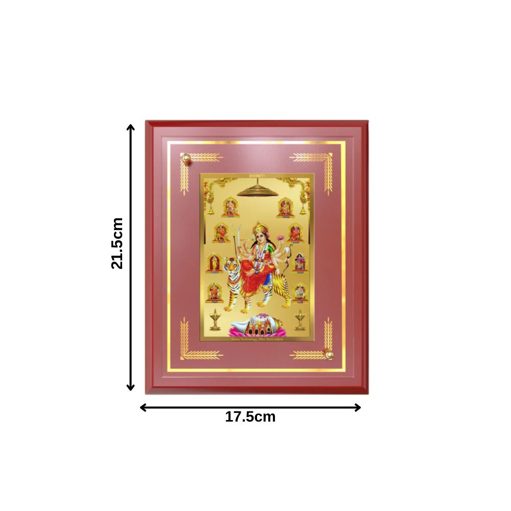 Durga Nav Durga | Goddess Durga in Her Nine Divine Wall and Tabletop Photo Frame in 24K Gold Plated Foil