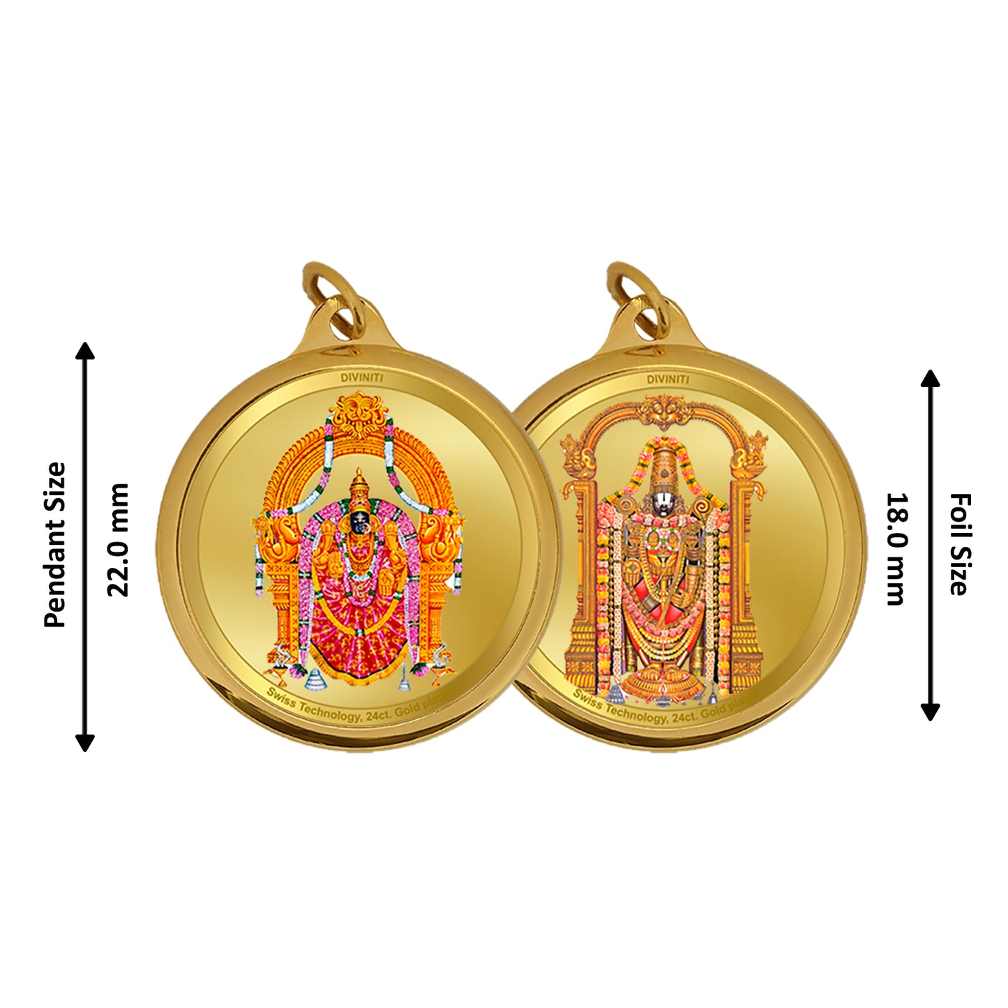 DIVINITI 24K Gold Plated Padmawati & Tirupati Balaji 18MM Double Sided Pendant For Men, Women & Kids