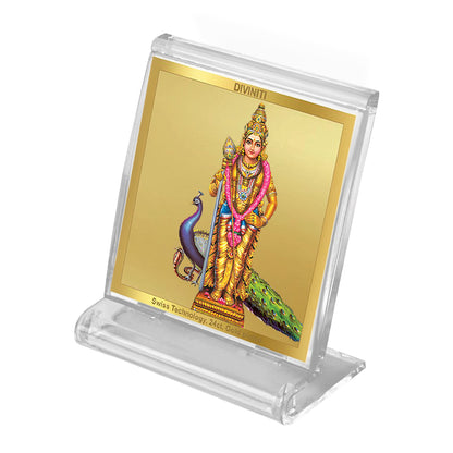 Diviniti 24K Gold Plated Murugan Karthikeya Acrylic Frame for Car Dashboard, Home Decor, Tabletop, Puja Room, Festival Gift ACF3A (5.8x4.8 CM)