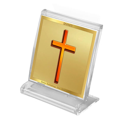 Diviniti 24K Gold Plated Holy Cross Acrylic Frame for Car Dashboard, Home Decor, Tabletop, Festival Gift ACF3A (5.8x4.8 CM)